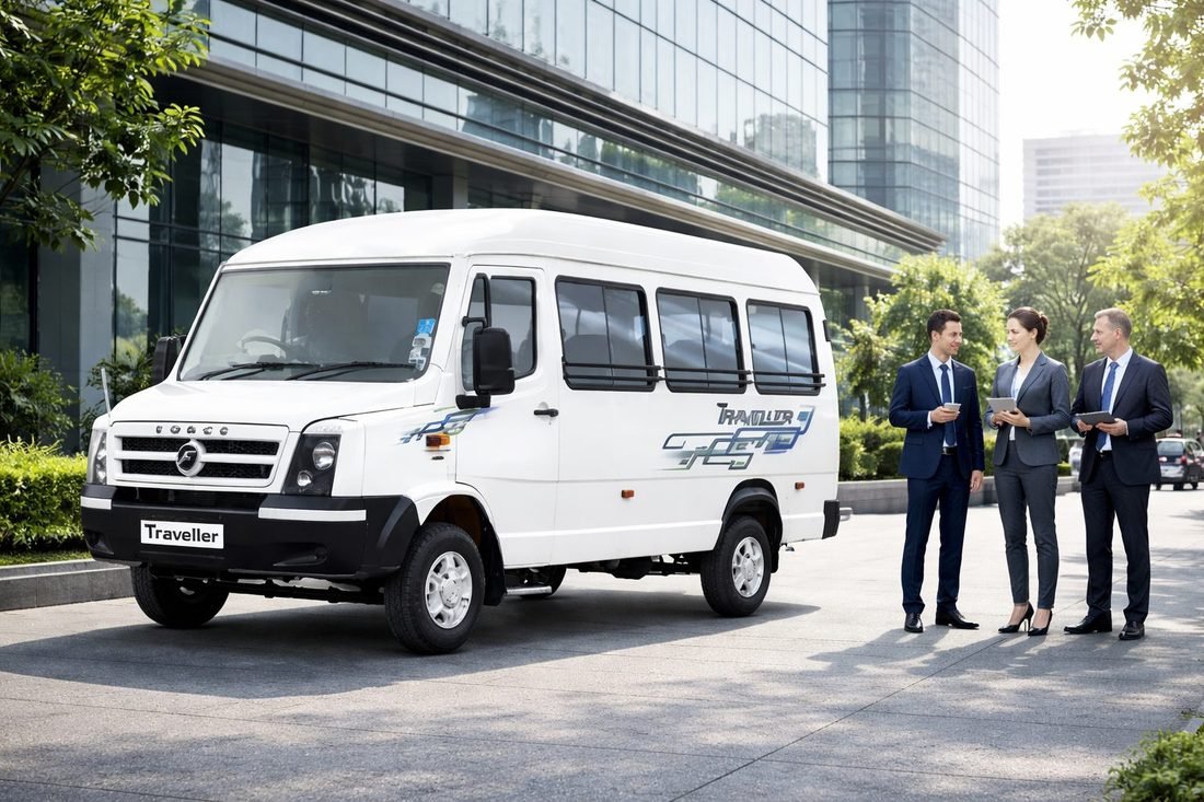Corporate travellers beside a Basava Travels tempo traveller outside an office