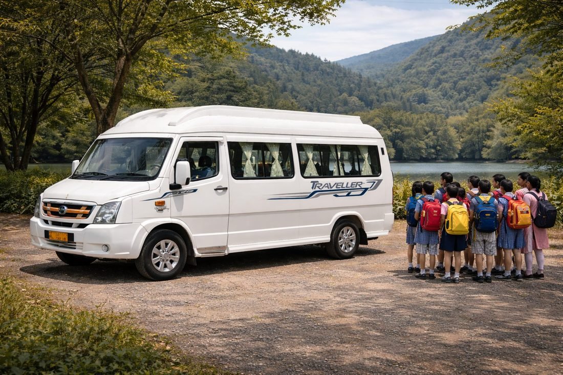 School group beside a Basava Travels tempo traveller on a picnic trip
